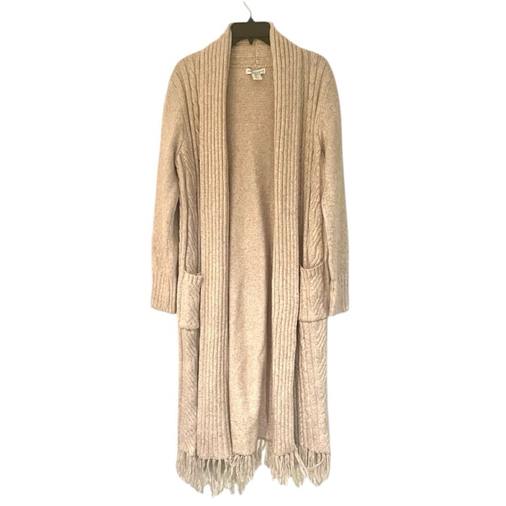 CUPCAKES & CASHMERE Cable Knit Fringe Hem Long Open Cardigan